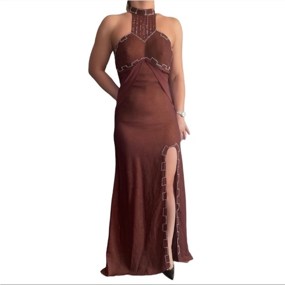 Jovani Gown with High Slit in Color Brown - Picture 1 of 5